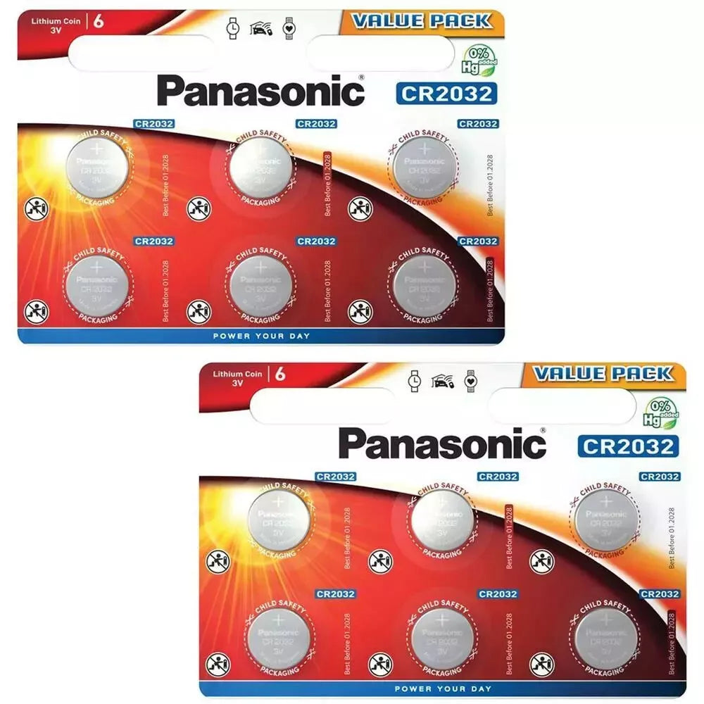 Pack Of 12 Panasonic CR2032 Battery Lithium 3V Silver Button Coin